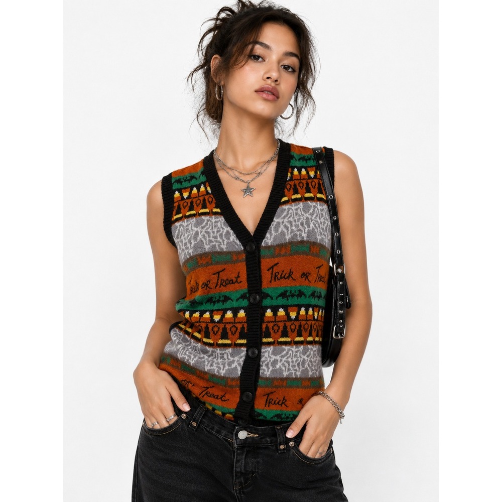 90s Robin Sinkler Womens Sweater Vest Orange Halloween Trick or Treat